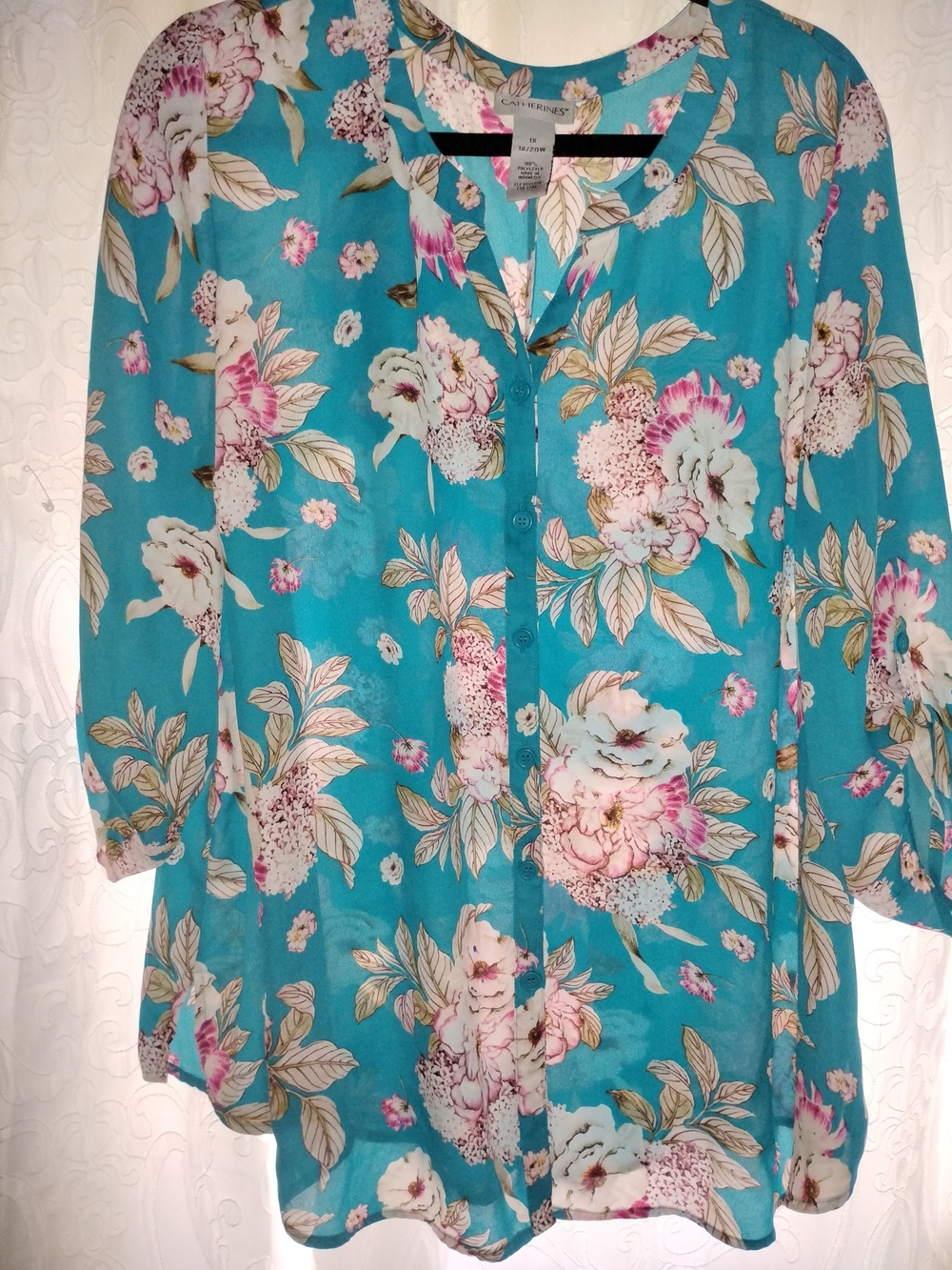 Catherines Turquoise Floral Button-Front Blouse